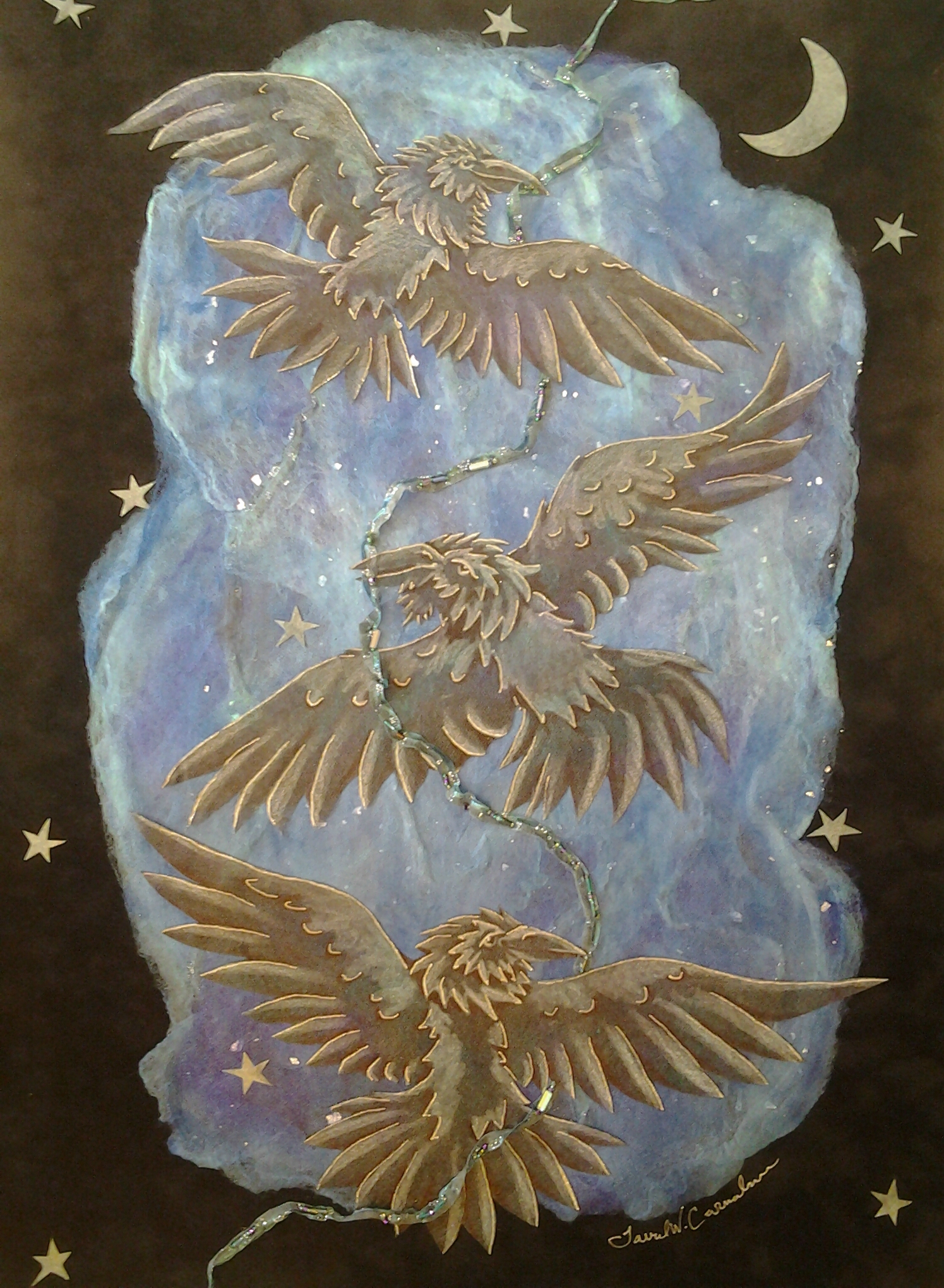 "Raven Aurora" silk-paper collage by Laurel W. Carnahan